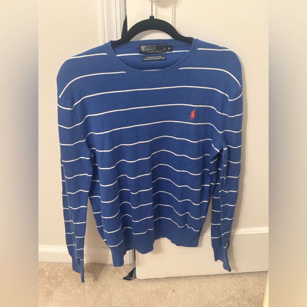Polo by Ralph Lauren Men's Blue and White Striped Crewneck Sweater